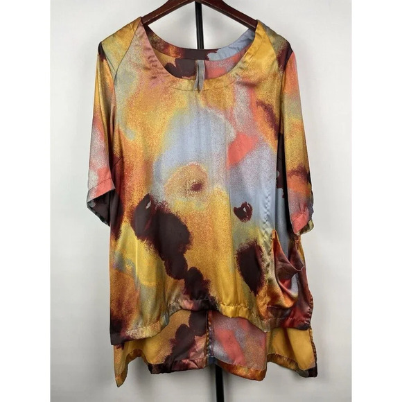 Melissa McCarthy Seven7 Women's Abstract Sunset Short Sleeve Satin Blouse Sz 2X - Picture 1 of 6